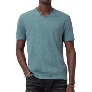 John Varvatos Men's Short Sleeve Miles Raw Edges Slub Cotton V Neck T-Shirt Fog